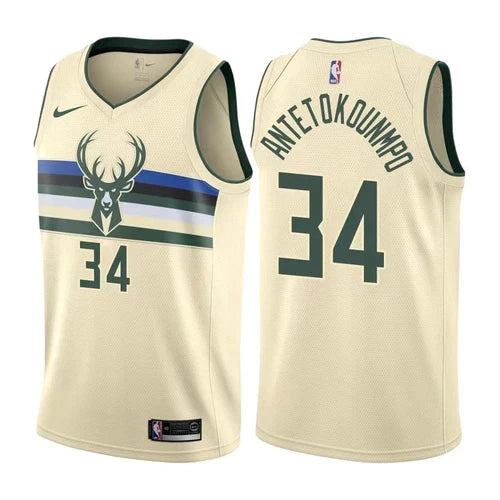 Regata Milwaukee Bucks Giannis Antetokounmpo 20/21 Nº34 - Torcedor Masculina - Branco Bege - Frete Gratis